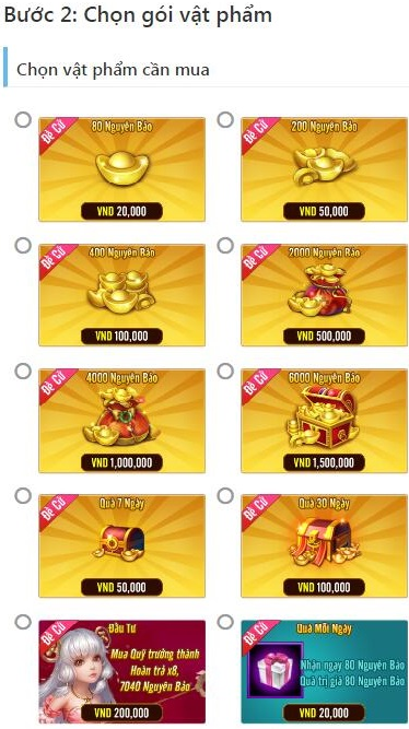 Cách nạp các gói nguyên bảo trong Võ Lâm Truyền Kỳ Mobile
